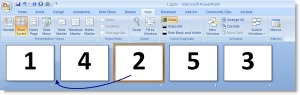 Screenshot of Slide Sorter view of PowerPoint with arrow showing third slide being dragged into position as the second slide