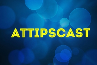 A.T.TIPSCAST written in yellow block text with blue background surrounded by faded white bubbles