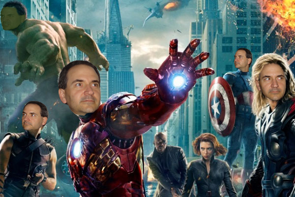 Chris's face superimposed over the Avenger's faces