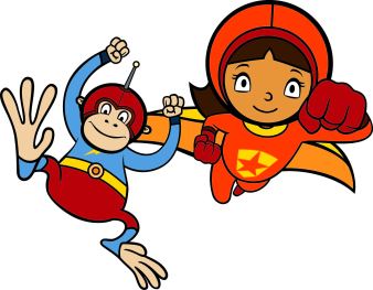 Image of WordGirl flying and Captain HuggyFace jumping