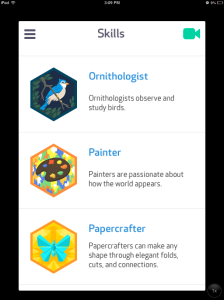 Image of three badges: Ornthologist, Painter, and Papercrafter