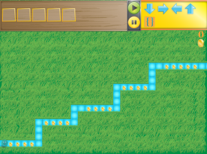 A digital green field with a blue path being cut through it. Control arrows are pictured in the top right.