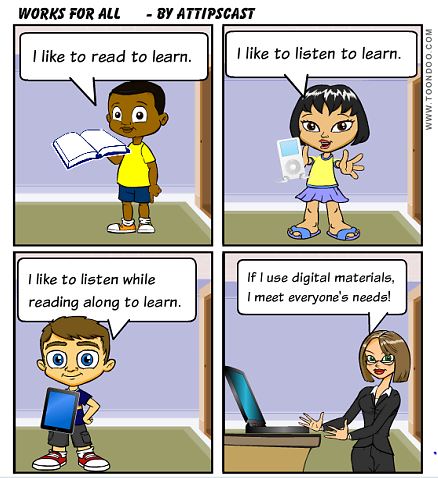Comic of different students stating that they like to learn using different materials and a teacher stating that if she provides digital materials all the students benefit.